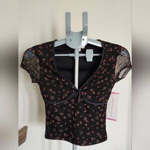 Aeropostale Black Floral Tie-Front Top